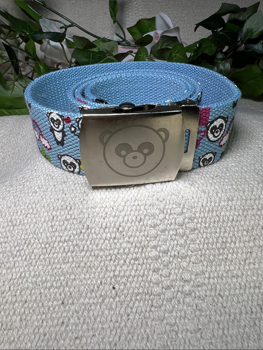🔥Vintage Light Blue Canvas Belt with Panda Buckle
